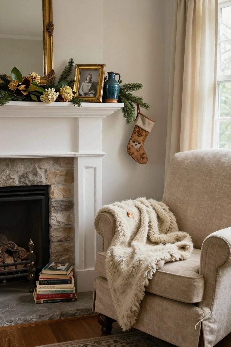 White fireplace mantel decorated with evergreen branches, magnolia leaves, white hydrangeas, gold-framed photos, blue vase, and a single patterned Christmas stocking, next to a beige armchair with fur throw and stack of books by stone hearth in a light room.