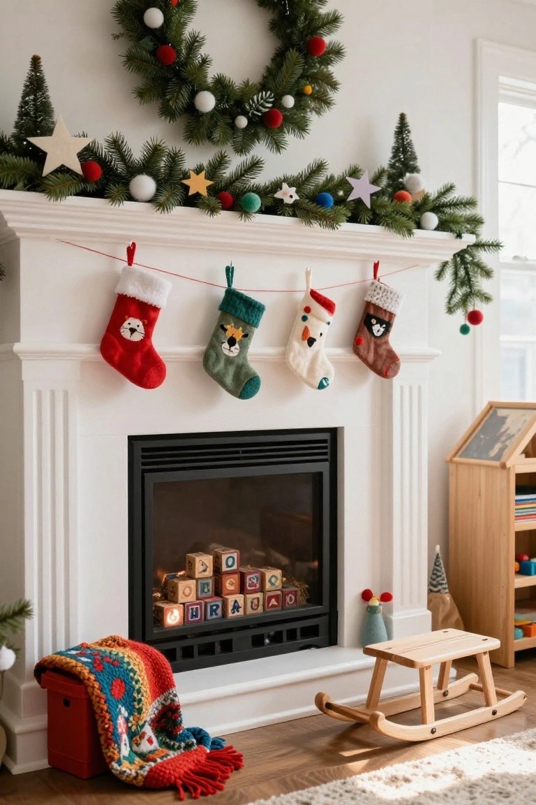 White fireplace mantel with red, green, white, and brown knitted Christmas stockings featuring animal faces hanging from a garland of evergreen branches, pom poms, and stars, wooden alphabet blocks and toys in front, colorful knit blanket on floor, rocking horse nearby.