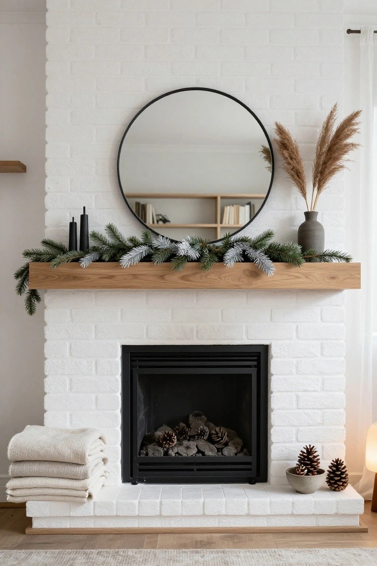 White brick fireplace with oak wood mantel draped in mixed green and silvery blue evergreen garland, round black mirror above with pampas grass beside it, black candles, pinecones in a bowl on the hearth, and stacked beige linen throws.