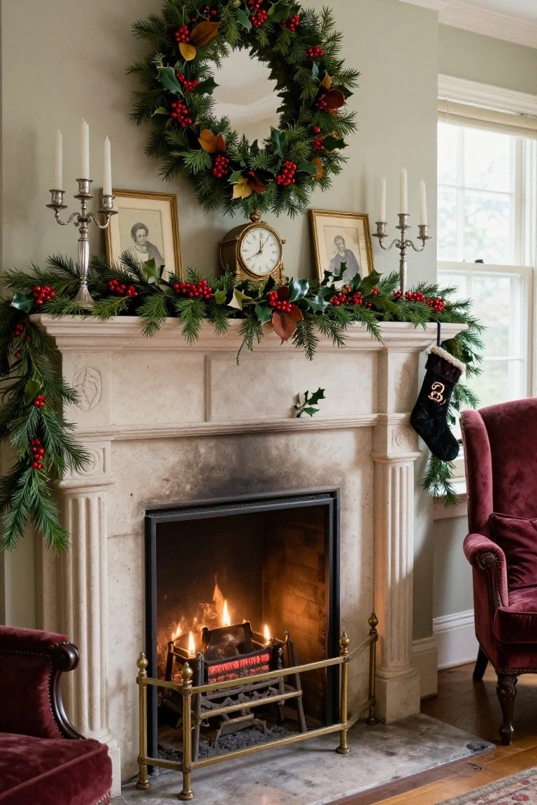A traditional stone fireplace mantel in a pale green room decorated with layered evergreen garland, holly, magnolia leaves, red berries, candelabras, a clock, framed portraits, a black velvet stocking, and a burning fire, with red armchairs nearby.