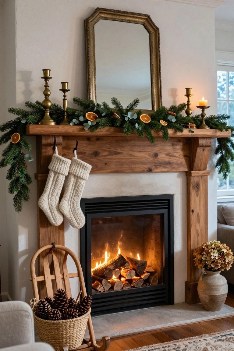Rustic wooden fireplace mantel decorated with layered evergreen garland, eucalyptus leaves, dried orange slices, brass candlesticks, white knit stockings, and a wooden sleigh basket of pinecones next to a gas fire in a white-walled living room.