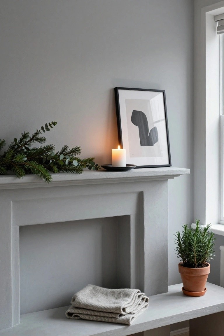 Gray painted fireplace mantel decorated with draped green fir branches and eucalyptus leaves, a white pillar candle on a black saucer next to a black framed abstract print, a potted rosemary plant on the hearth, and folded beige linens nearby.