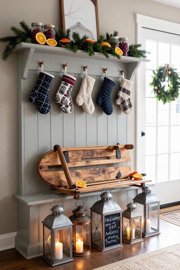 Gray shiplap mudroom cabinet with evergreen garland, oranges, cranberries, hanging stockings, wooden sled bench, metal lanterns with candles, and chalkboard sign next to a glass door.