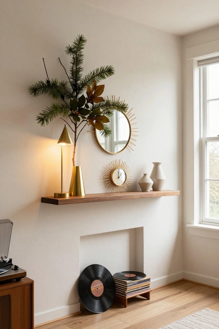 Floating wooden shelf above a fireplace niche holds a lit conical gold lamp, tall gold vase, gold sunburst mirror and clock, two white ceramic vases, pine branches, and magnolia leaves; mid-century wood turntable with stacked black vinyl records sits on oak floor nearby.