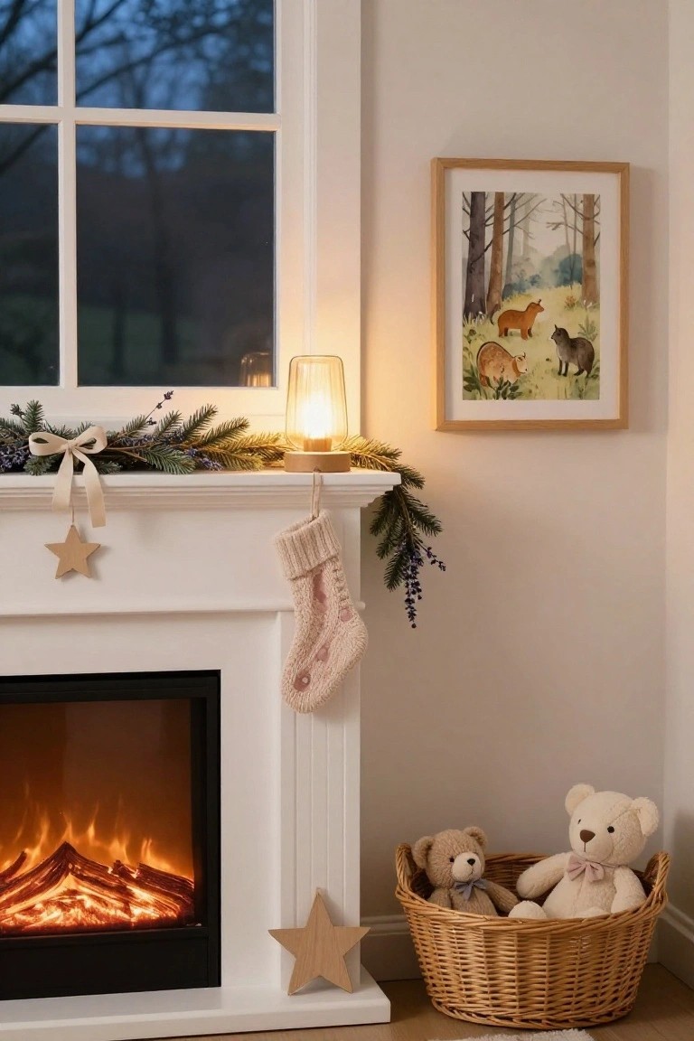 White fireplace mantel decorated with fir branches, lavender, cream ribbon, knit stockings, and wooden stars, beside a framed painting of forest animals and a wicker basket holding two teddy bears in a cozy room.