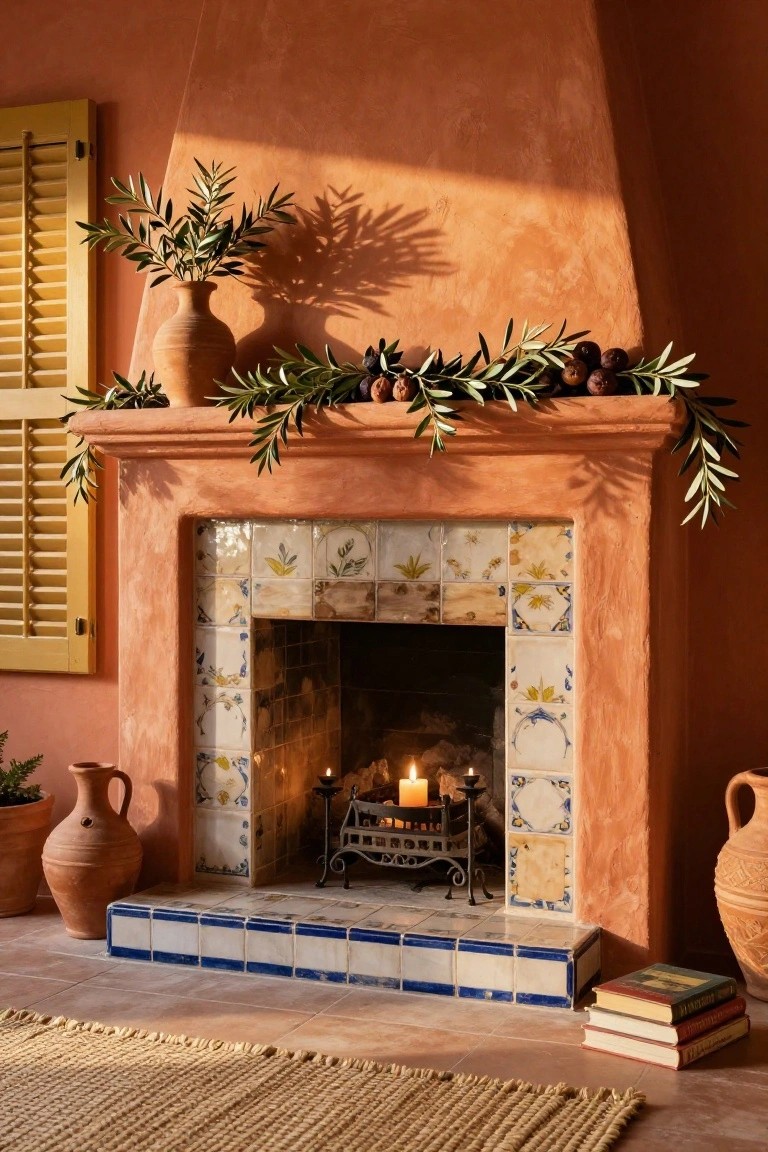 Rustic terracotta fireplace mantel adorned with olive branches, olives, and garlands, lit candles in the firebox, terracotta pots on either side, and stacked books on the tiled floor in front.