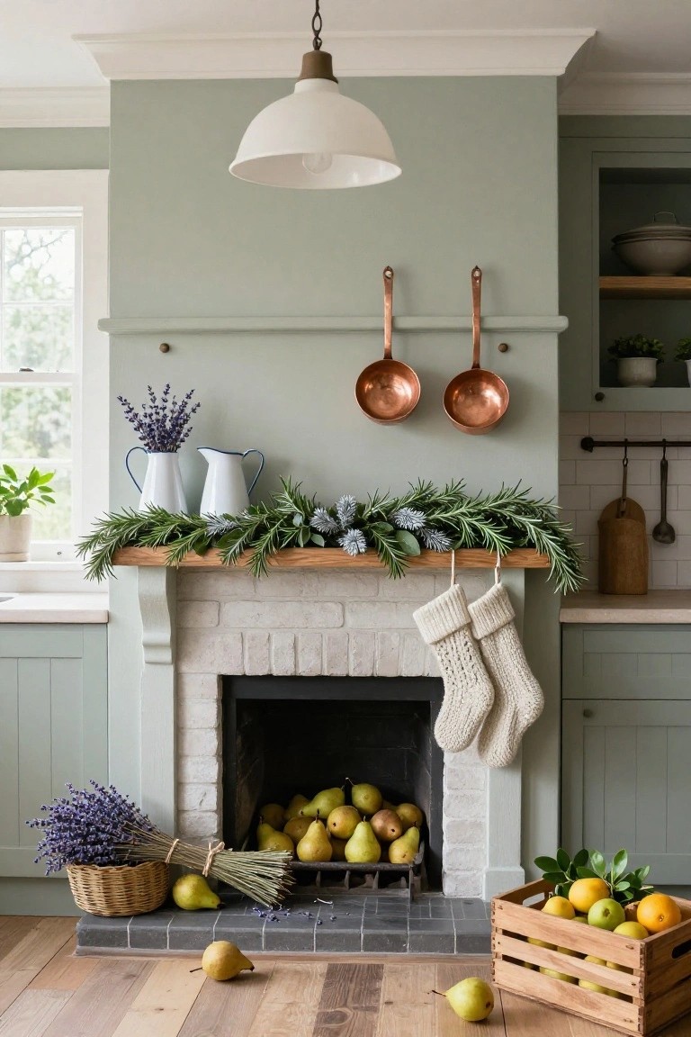 Kitchen fireplace mantel with wooden shelf holding garland of green rosemary branches and blue thistle, white knit stockings hanging from it, pears piled in the firebox, lavender in basket on hearth, copper pots on wall, sage cabinets, and wooden crate of oranges on floor