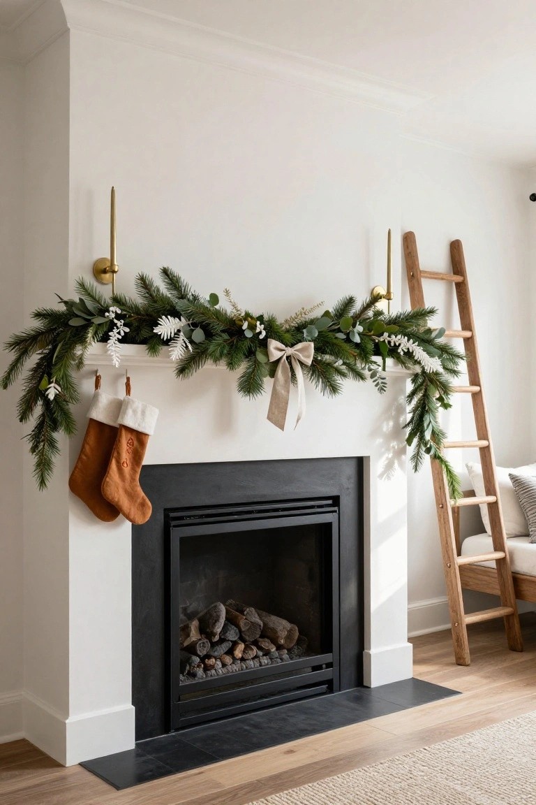 White brick fireplace mantel with green pine and eucalyptus garland draped across it, two tan suede stockings hanging, gold sconces on the wall, wooden ladder leaning nearby, and beige rug on wood floor.