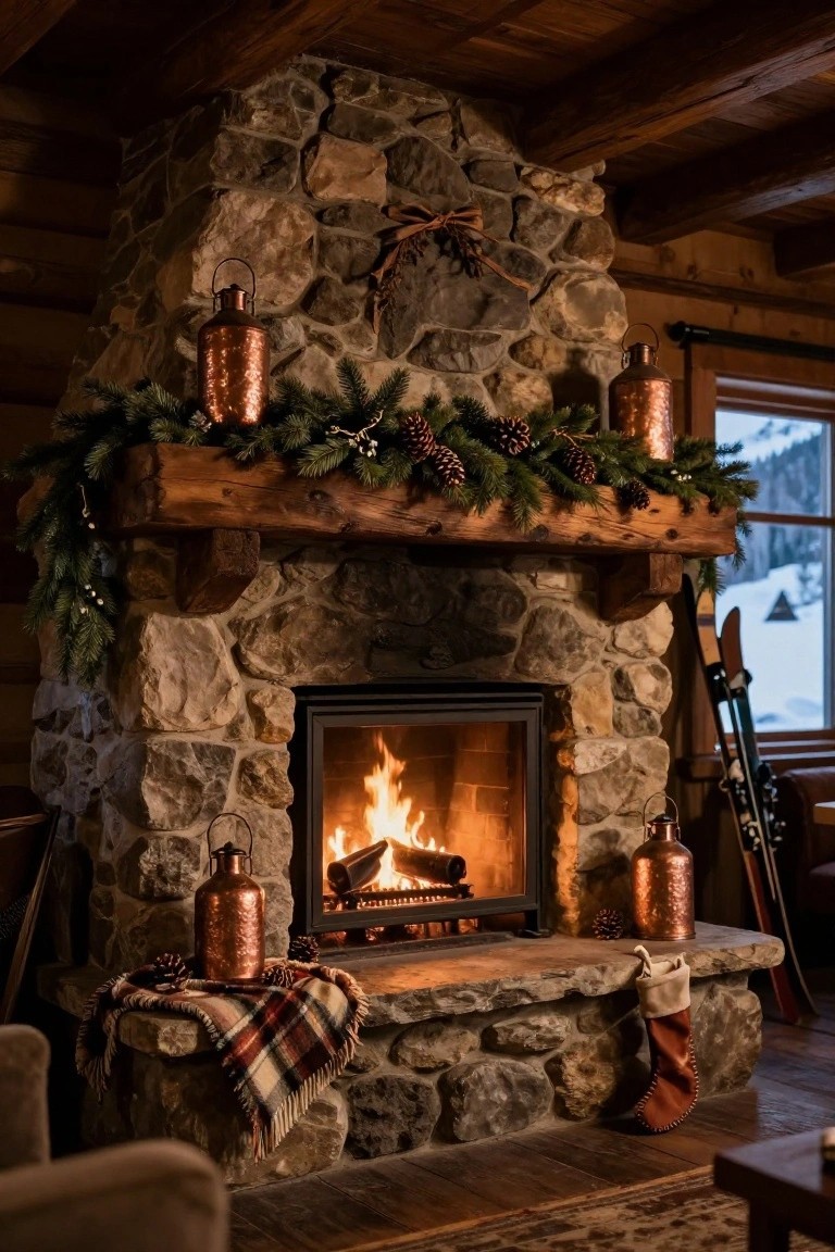 Stone fireplace in a log cabin with wooden beam mantle decorated in evergreen garland, pinecones, berries, copper lanterns, plaid throw, and leather stocking, skis leaning nearby and snowy mountains through window.