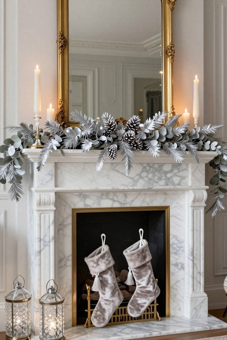 Marble fireplace mantel with garland of silver pine branches, white pinecones, and eucalyptus leaves, gold-framed mirror above, candles and lanterns on sides, two grey velvet stockings hanging in front.
