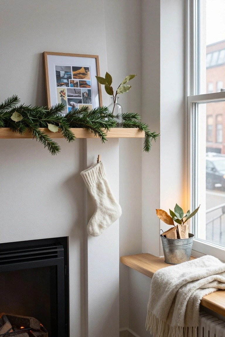 White-walled interior corner with wooden mantel shelf draped in evergreen garland and bay leaves, framed photo, vase of branches, white knit Christmas stocking hanging below, potted plant and throw on nearby windowsill by fireplace.