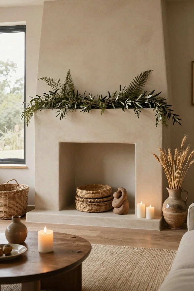 Beige stucco fireplace mantel decorated with layered ferns, olive branches, and wheat stalks, with stacked baskets, clay pottery, candles, and a wooden coffee table in front.