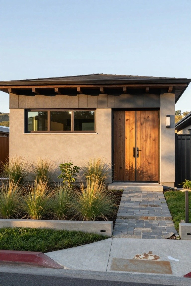 Modern house exterior with beige stucco walls, dark vertical wood siding on upper section, large wooden double front doors, stone pathway, raised planting bed with grasses, and adjacent sidewalk curb.