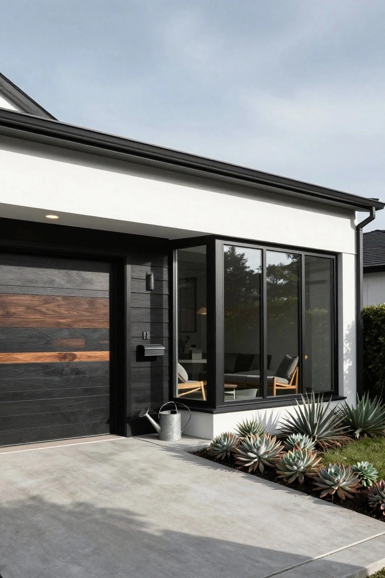 Modern house exterior with white walls, black wood-plank garage door, black-framed corner windows showing indoor furniture, metal watering can, and agave plants along concrete driveway.