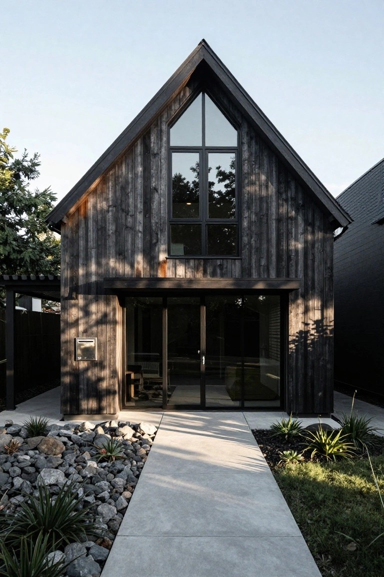 Modern gabled house with dark wood cladding, large triangular window, black-framed glass entry doors, concrete pathway, river rocks, agave plants, and adjacent black building.