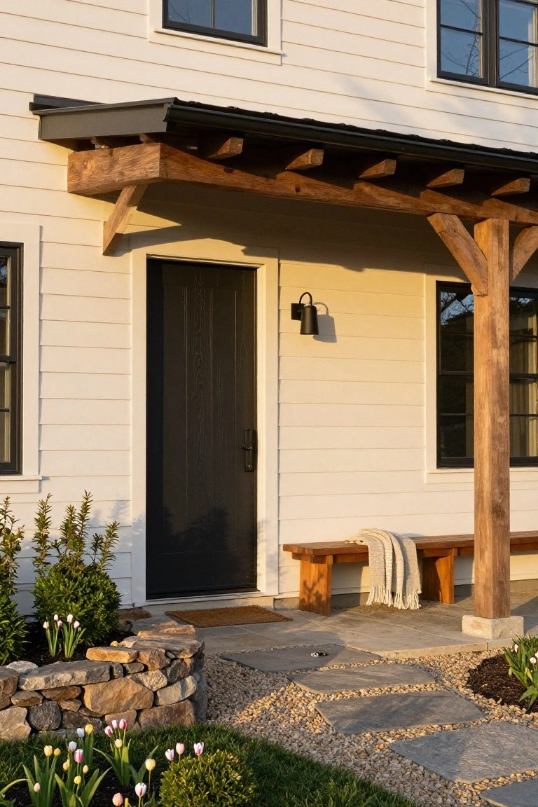 White clapboard house with black front door and black-framed windows under a wooden post-and-beam porch cover, wooden bench with throw, stone retaining wall, tulips, and gravel path at entry.