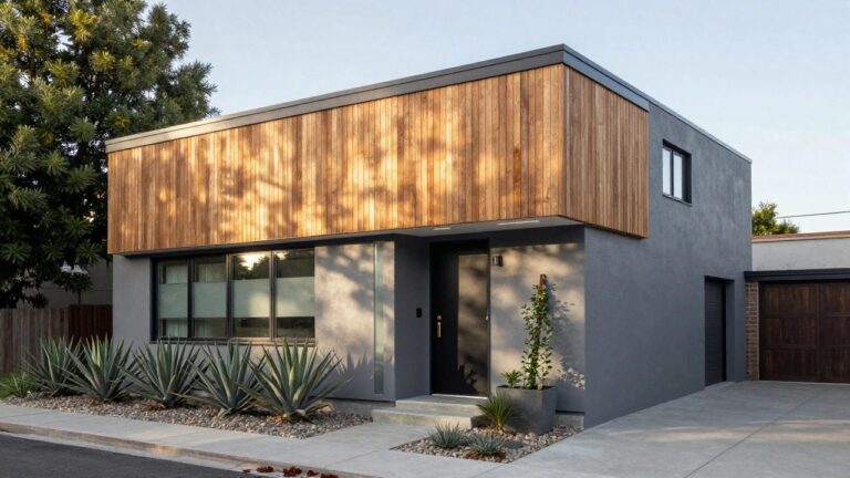 Modern two-story house exterior with light gray stucco walls, black-framed windows and door, wooden-clad entry canopy, concrete steps, and agave plants in gravel beds along the front.