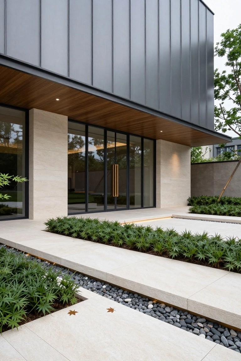 Modern house entrance with dark gray vertical metal cladding on the wall, large frameless glass doors with vertical wood handles, beige stone pillars, brown wood overhang, concrete entry path edged with plants and pebbles.