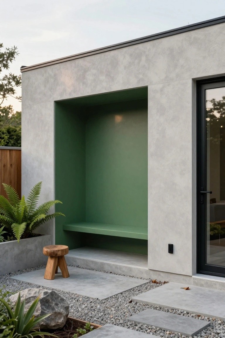 Modern house exterior with gray textured walls, a recessed green alcove containing a built-in bench and wooden stool in front, plants in concrete planters, rocks, gravel, and a black-framed glass door.