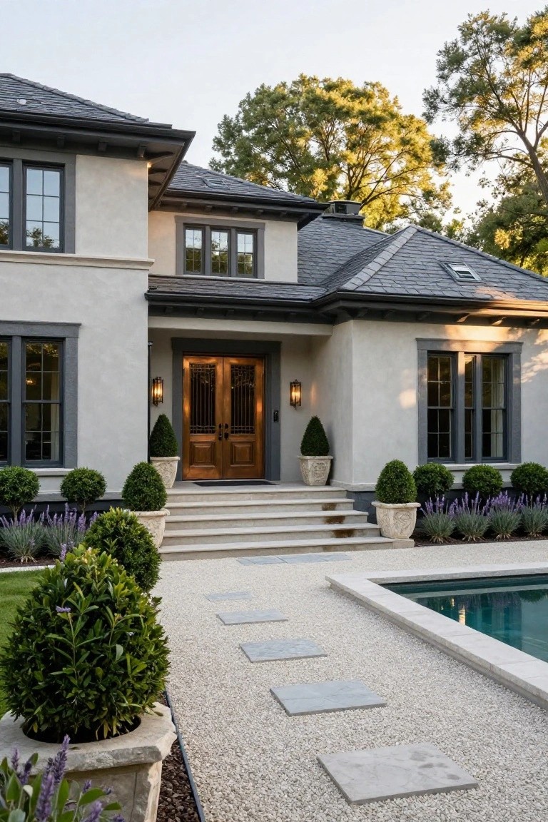 Front view of a modern two-story house with light gray stucco walls, black window frames and roof edges, bronze double entry doors, stone steps flanked by potted shrubs and lavender, gravel path leading to an infinity-edge pool.