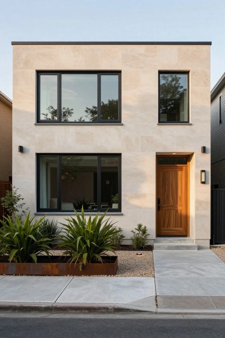 Two-story modern house with beige stucco walls, black-framed windows, wooden front door, metal planters with agave plants, gravel bed, and concrete entry path.