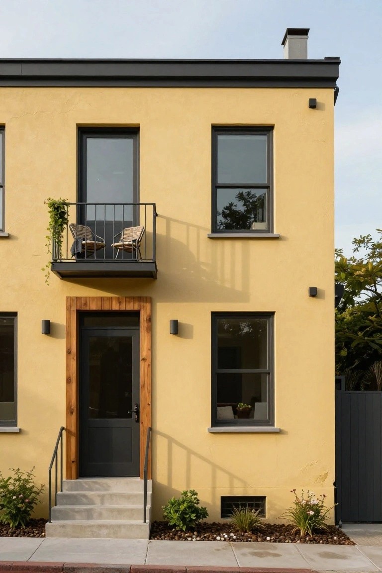 A modern two-story house with mustard yellow stucco walls, black metal window frames, a small metal balcony with two wicker chairs and hanging plants, a dark wooden door frame with black door and concrete steps, flanked by low shrubs and gravel mulch.