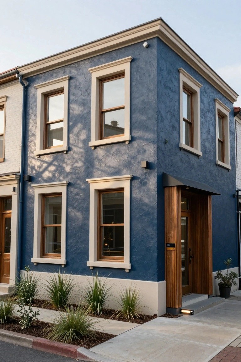 Corner row house painted deep navy blue with cream trim around windows and doors, wooden entryway, and low grasses in front garden bed along sidewalk.