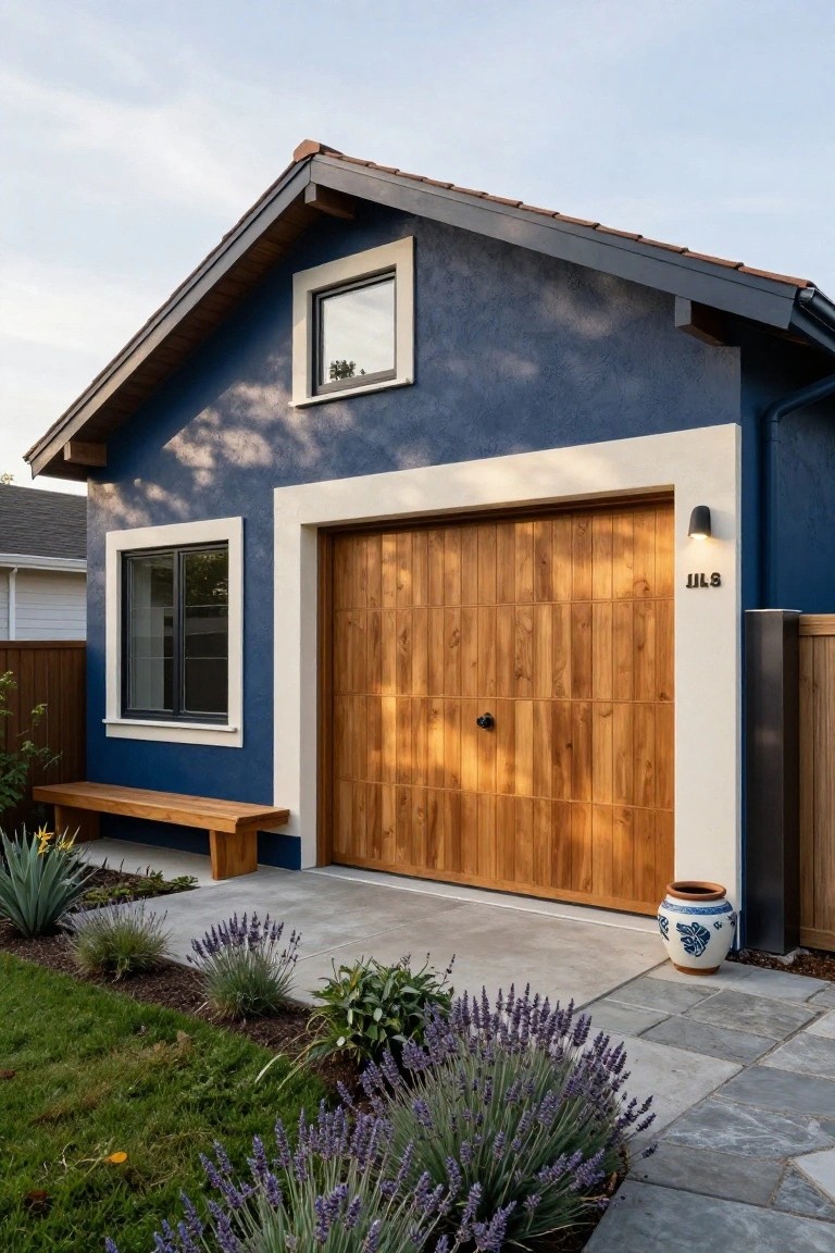 Front view of a modern single-story house with navy blue textured walls, white-framed windows, light wood garage door with number 8 marking, wooden bench, lavender plants, agave, and a blue-and-white ceramic pot on a paved driveway edged by grass.