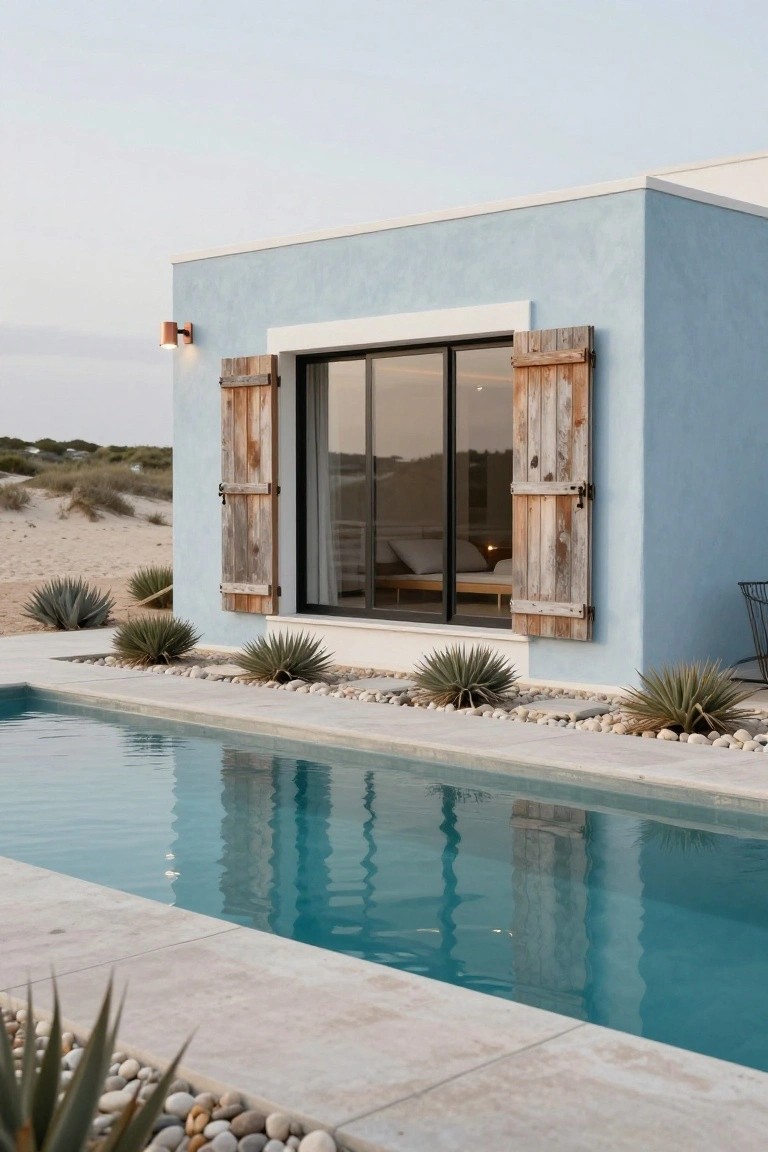 Light blue stucco house exterior with wooden shutters framing a large glass window, adjacent rectangular pool, agave plants, pebble mulch, and sand dunes in the background.