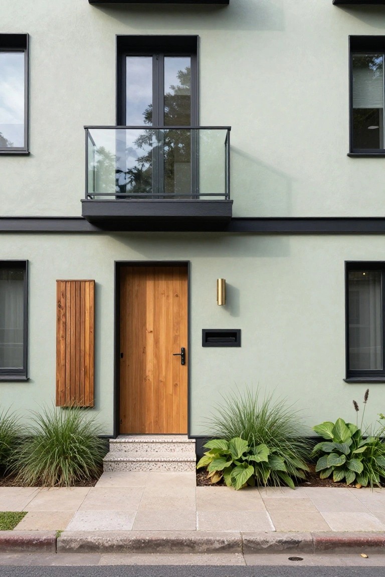 Modern multi-story house facade painted pale sage green with black window frames, glass balcony railing, vertical wood slat beside brown wooden front door, gold cylindrical wall light, and low grasses and hostas at the base along a light stone entry path.