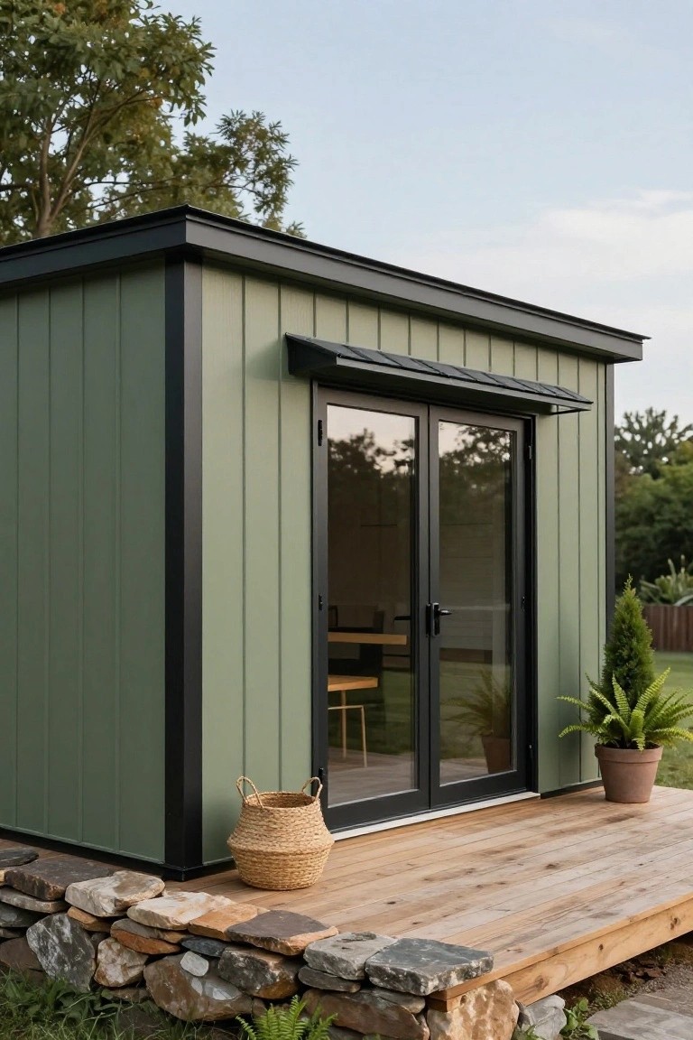 Small modern backyard shed with sage green vertical siding, black trim and roof accents, black-framed double glass doors under an awning, on a wooden deck with stone retaining wall and potted plants nearby.