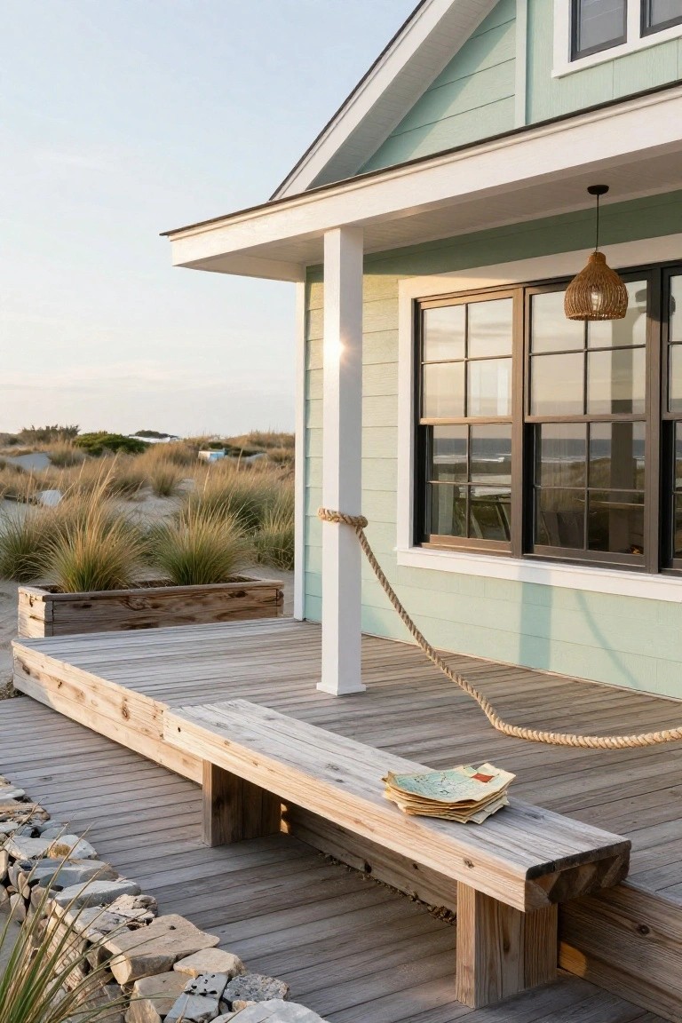 Side angle of a light mint-green clapboard beach house with white trim and porch posts wrapped in rope, wooden deck bench holding stacked papers and a plate, planter box with grasses, overlooking sandy dunes.