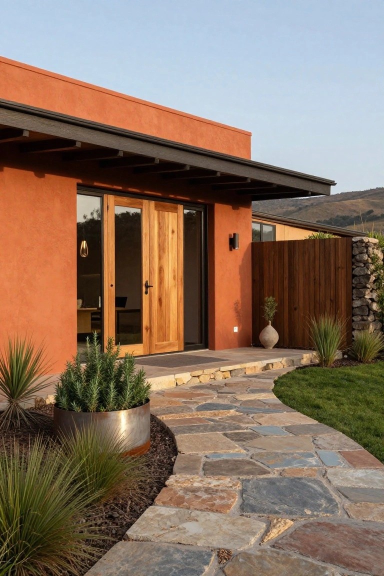 Terracotta stucco house exterior with wooden double doors, glass panels, black metal frames, stone pathway, potted plants, and surrounding desert landscaping.
