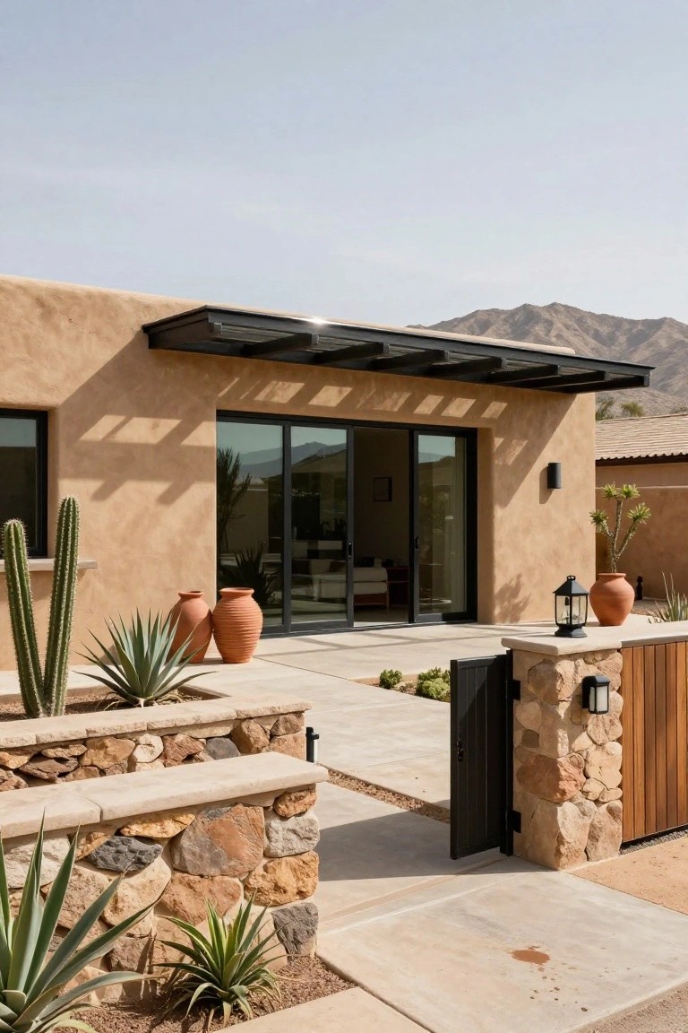 Tan stucco modern house exterior with black metal pergola and sliding doors, open wooden gate flanked by stone pillars, agave and cactus plants, terracotta pots, and desert mountains in the background.