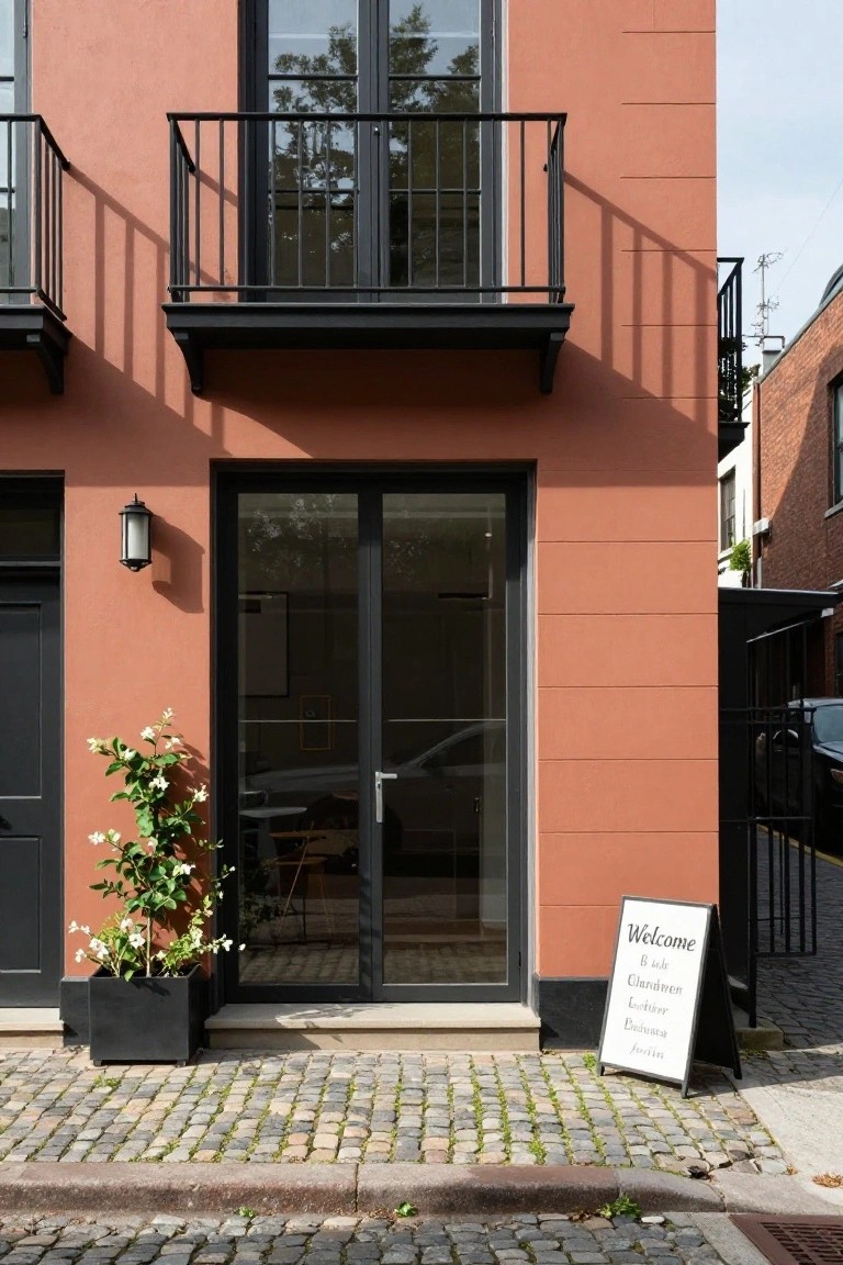 Terracotta-colored modern house facade with black metal balcony railing and frames on large glass windows and doors, potted flowering plant beside the entrance, welcome sign on a sidewalk, and cobblestone path.