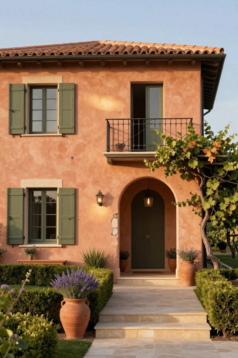 Two-story stucco house facade painted in soft peach with green shutters on windows, wrought-iron balcony with vine, arched entry with dark green door, flanked by potted plants, lavender, boxwood hedges, and terracotta pots on stone steps.
