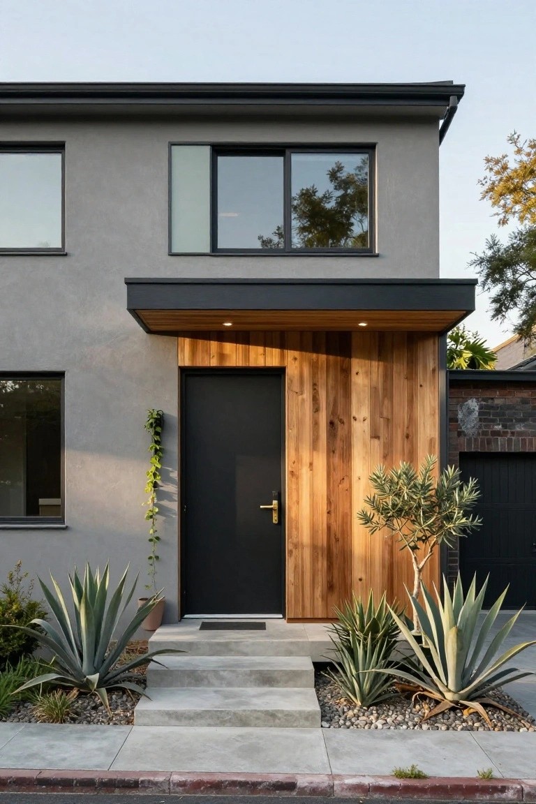 Modern two-story house exterior with light gray stucco walls, black-framed windows and door, wooden-clad entry canopy, concrete steps, and agave plants in gravel beds along the front.