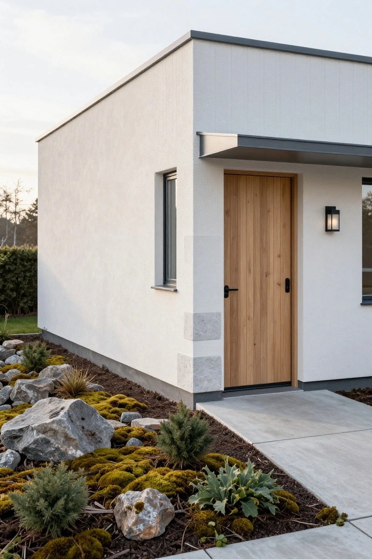 Corner view of a modern white stucco house with gray roof overhang, vertical wooden front door, small side window, wall light, concrete path, and rock garden with low plants at the base.