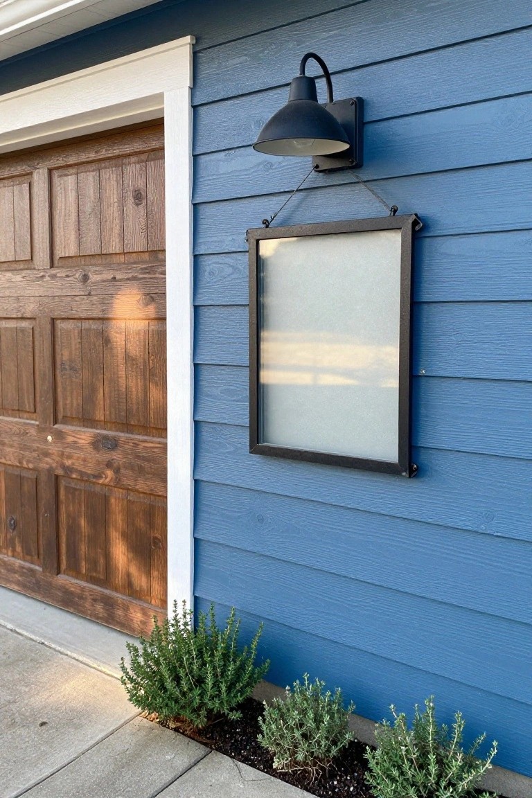 Blue clapboard house exterior with wooden garage door, black gooseneck wall sconce, framed frosted panel on siding, and low green shrubs by the concrete driveway.