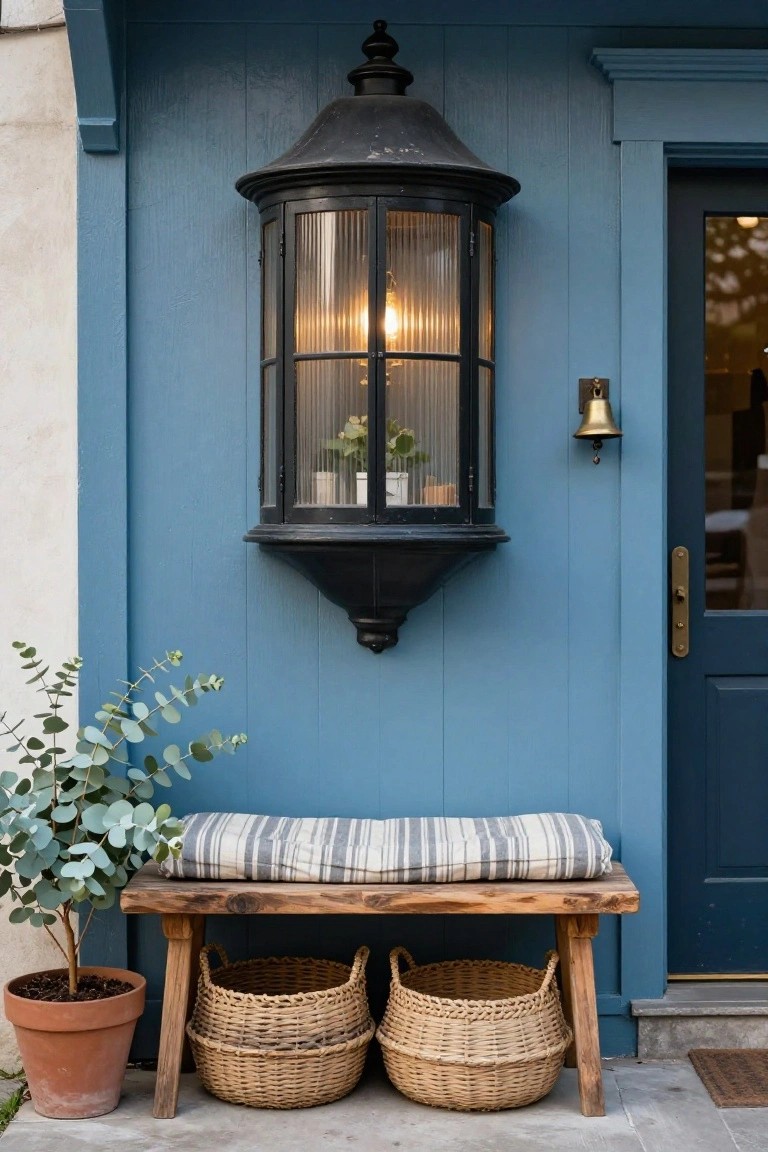 Blue painted house wall with a tall black metal lantern light fixture mounted beside a dark blue front door, wooden bench with cushions and blanket below, eucalyptus plant in terracotta pot, and two wicker baskets on the ground.
