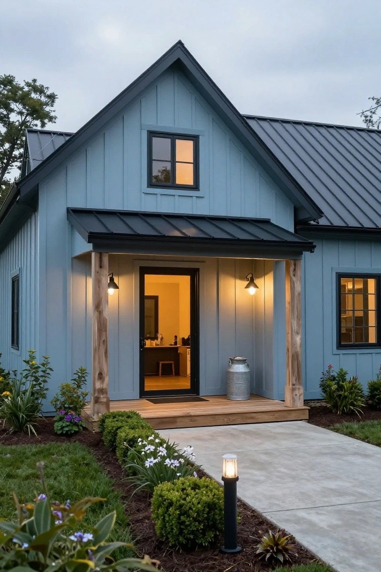 Front exterior of a light blue board-and-batten house at dusk with a covered porch, black metal lanterns on wooden posts illuminating the glass door, a galvanized milk can beside the steps, pathway bollard light, and low plantings along the concrete path.