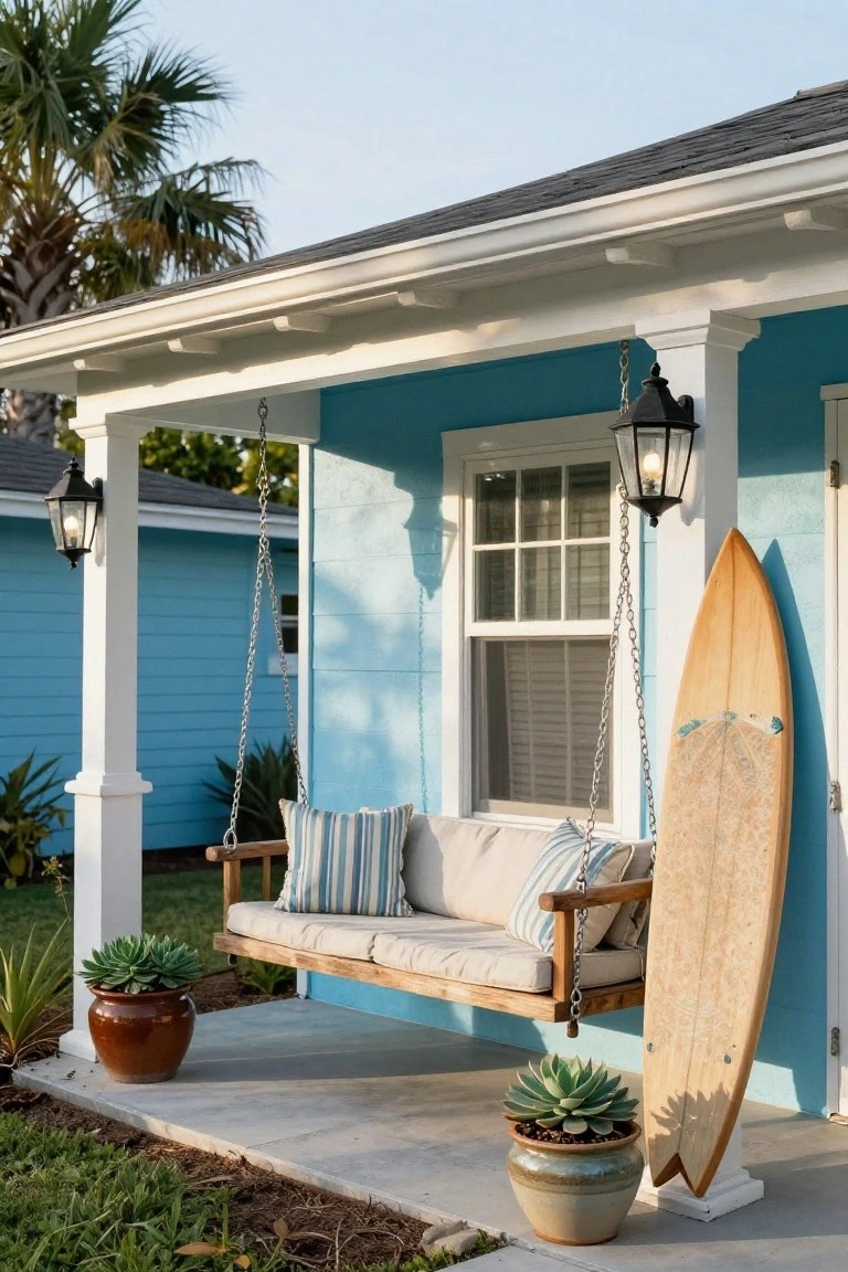 Turquoise blue house with white porch columns supporting black hanging lantern lights, wooden porch swing with cushions, surfboard leaning by the door, and potted succulents on the concrete porch.