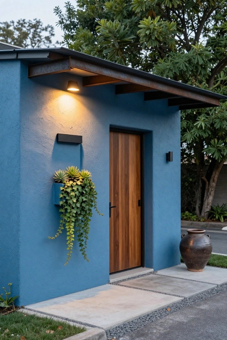 Blue stucco wall of a house exterior with wooden entry door, black cylinder sconces on either side, overhead cone light, blue planter with succulents and ivy, large terracotta pot, and concrete pathway at dusk.