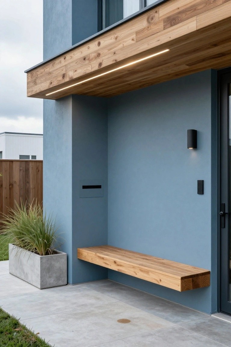 Blue painted house exterior wall with black cylindrical wall-mounted light fixture, wooden cantilevered bench, integrated LED strip under overhanging wooden canopy, potted ornamental grass, front door, and mailbox.