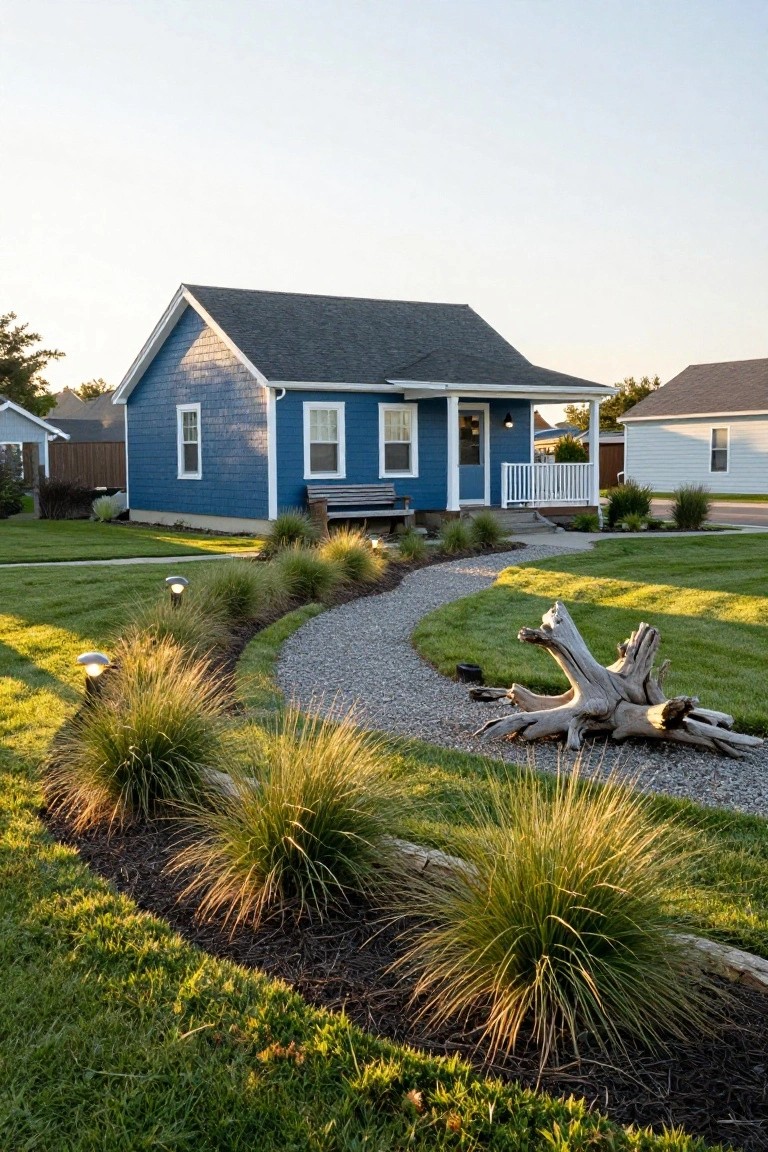 Blue clapboard house with white trim and front porch bench, fronted by a curved gravel path edged in ornamental grasses and driftwood, lined with low bollard lights in a grassy yard.