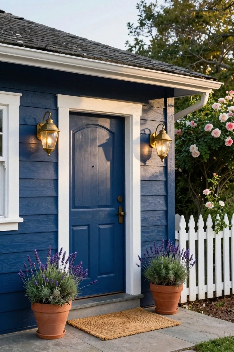 Navy blue front door on a blue shingle-sided house flanked by two brass lantern wall sconces, with lavender plants in terracotta pots, a woven doormat, and white picket fence in front.