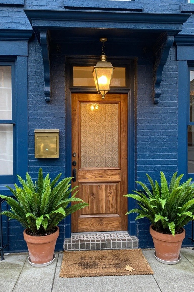Blue brick house facade with wooden door featuring etched glass panel, brass lantern pendant light hanging above the door, potted ferns flanking the entry, brass mailbox, and woven doormat on concrete steps.