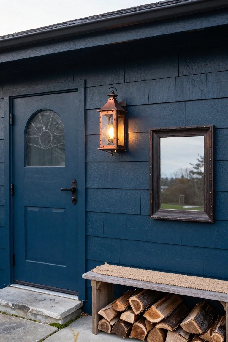 Dark blue shingled exterior wall of a house with a navy blue door featuring an arched glass window, a lit copper lantern sconce mounted beside the door, a rectangular framed mirror on the wall, a wooden bench with seagrass rug and stacked firewood at the base, concrete step and gravel ground.