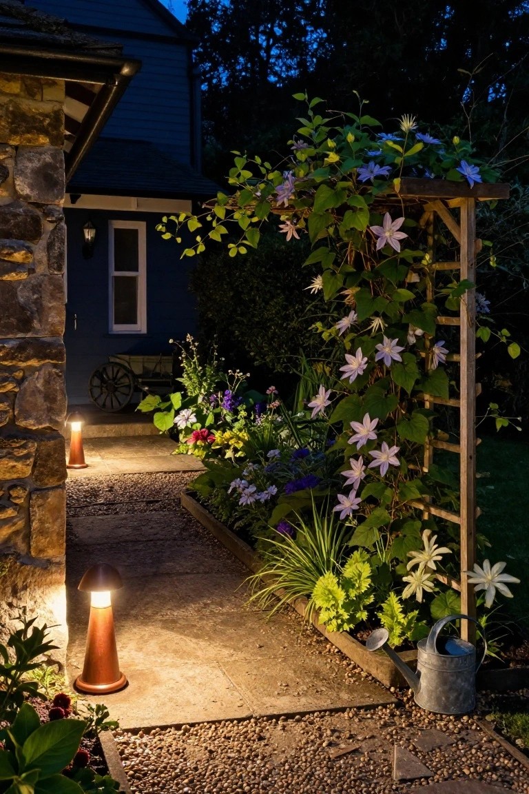 Stone garden path at dusk lit by two copper bollard lamps, flanked by flower beds with clematis on a wooden trellis archway beside a dark blue house wall.