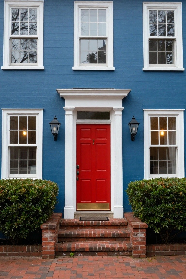 Blue clapboard house with white trim and multiple windows, centered red front door under white pediment supported by columns, black lanterns flanking the door, brick steps with brick paver walkway, and low evergreen shrubs on brick bases.
